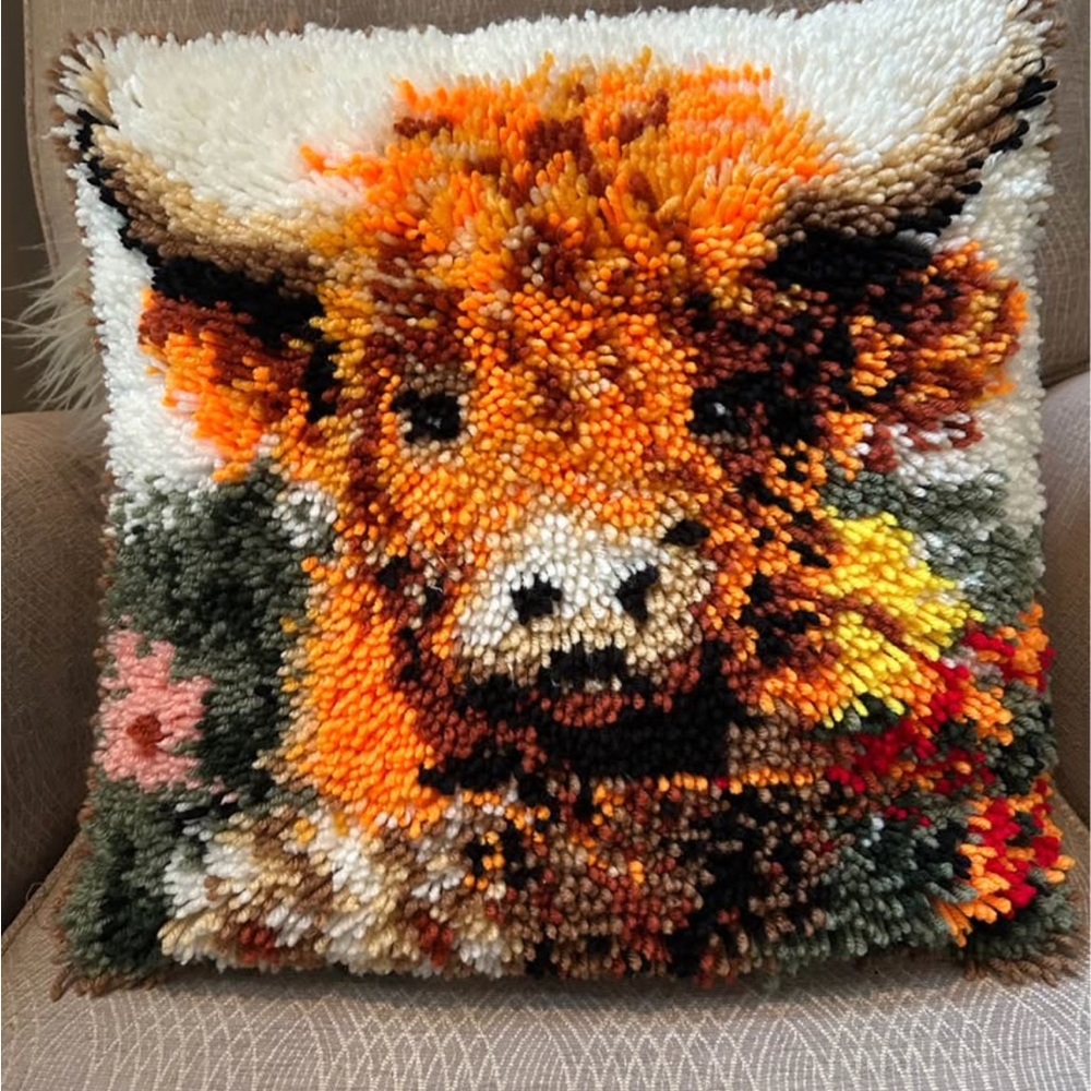 Handmade Latch Hook Highland Cow Pillow - Orange Brown White